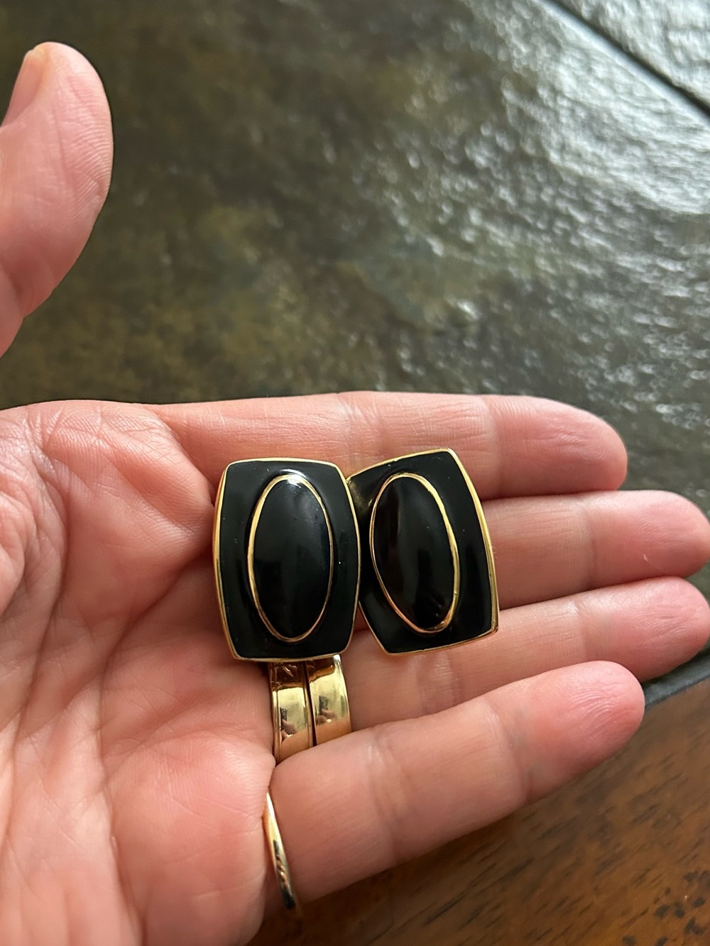 Vintage Black and Gold Enamel Clip-On Earrings Monet